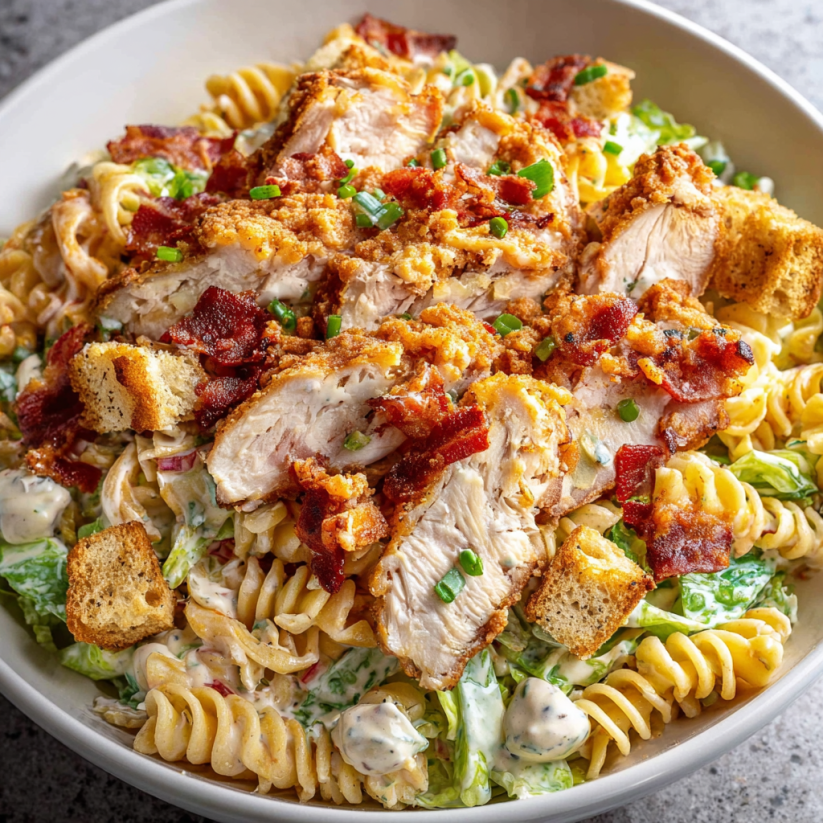 A bowl of chicken bacon ranch pasta salad.