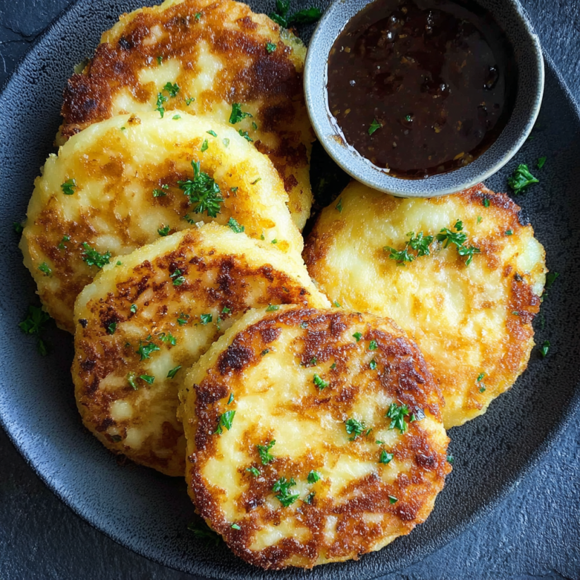 A plate of cheesy stuffed potato cakes.