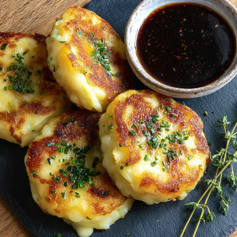 Cheesy stuffed potato cakes on a plate.
