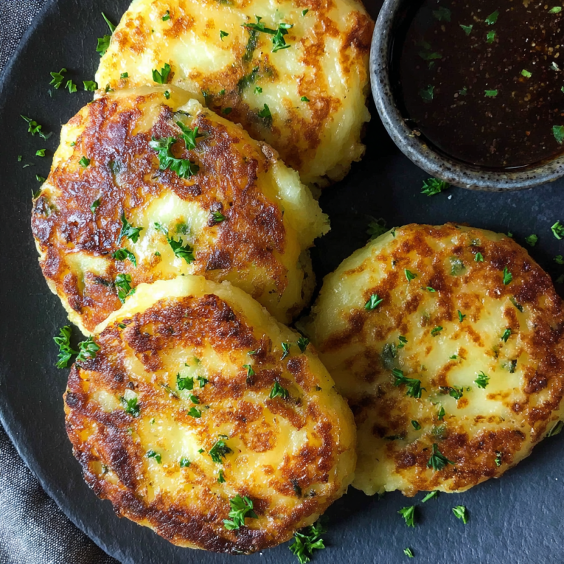 Cheesy stuffed potato cakes on a plate.