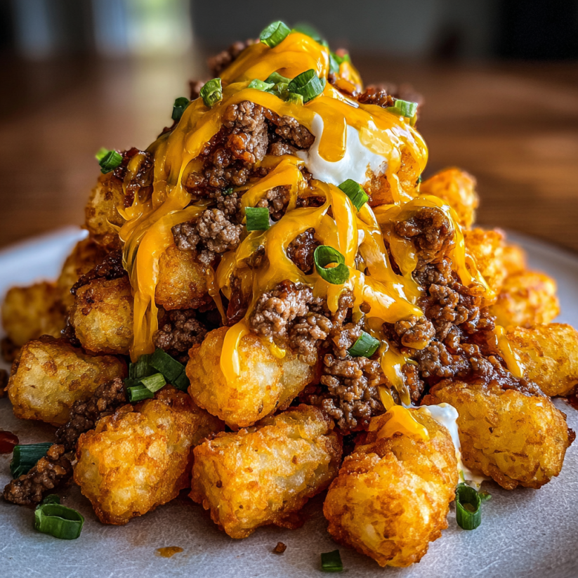 A plate of tater tots with cheeseburger on top.
