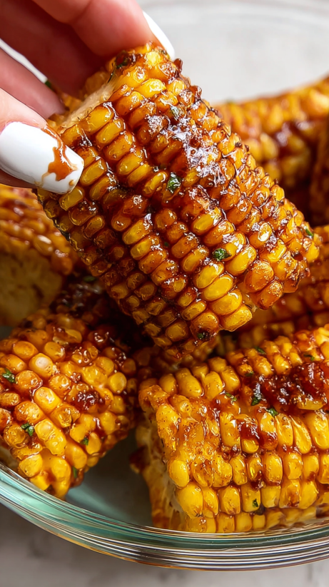 A close up of a corn on the cob with a sauce drizzled over it.