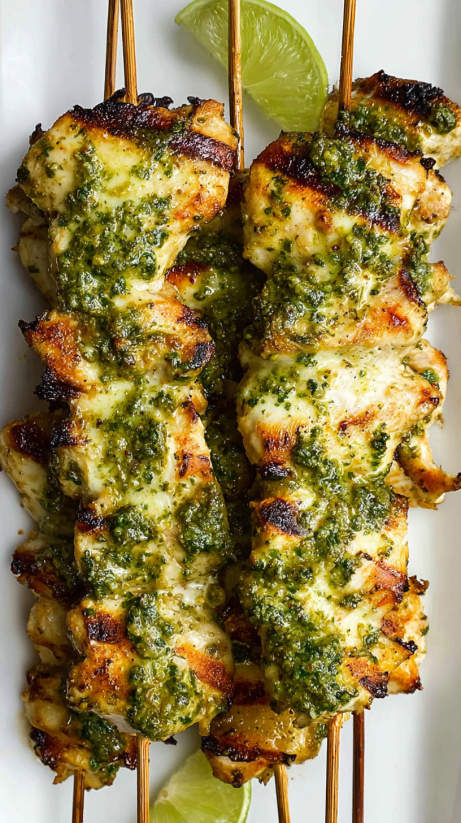 Chicken skewers with cilantro lime sauce.