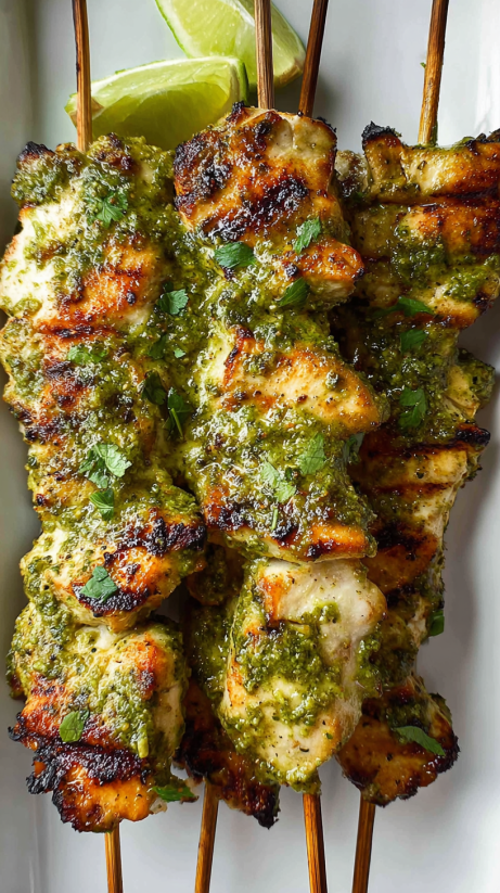 Chicken skewers with cilantro lime sauce.