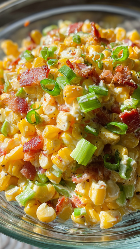 A close up of a salad with corn and bacon.