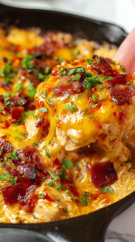 A close up of a cheesy barbecue chicken dip.