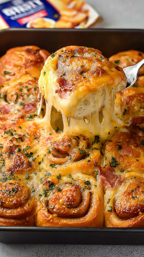 A slice of ham and cheese pizza rolls.