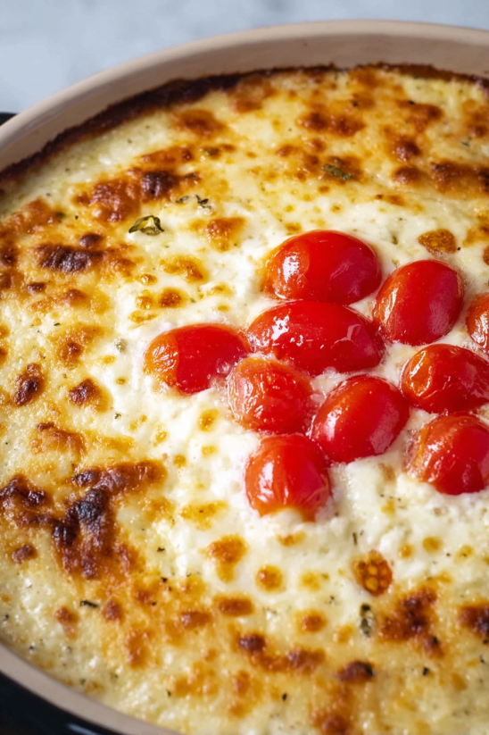 A close up of a garlic cheese dip.