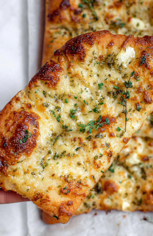 A slice of garlic bread with cheese and herbs.
