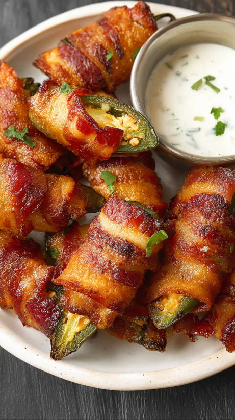 Bacon wrapped jalapeno poppers with a side of ranch dressing.