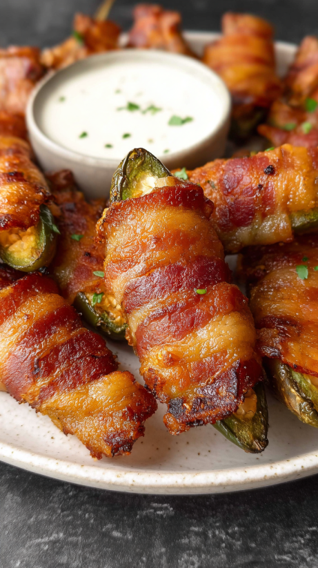 Bacon wrapped jalapeno poppers with a side of ranch dressing.