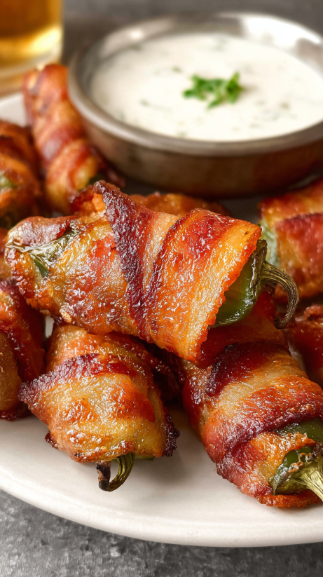 Bacon wrapped jalapeno poppers with a side of ranch.