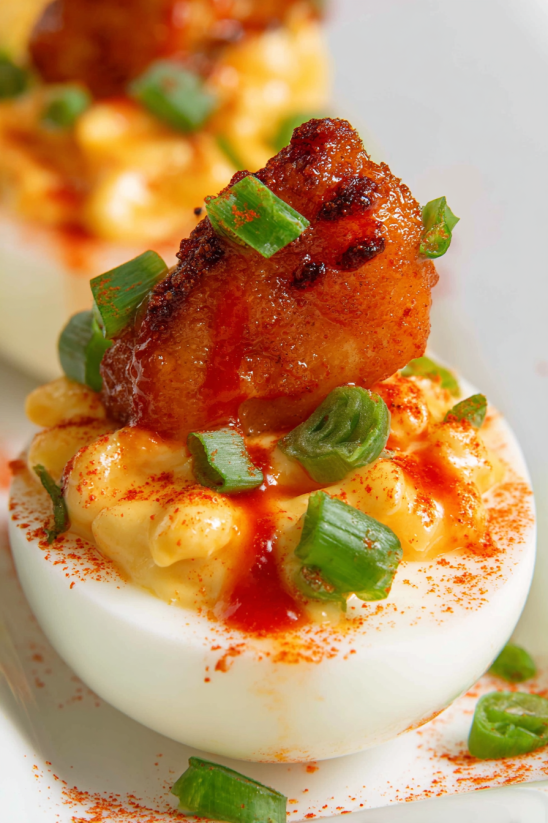 A dish of Cajun Firecracker Shrimp Deviled Eggs.