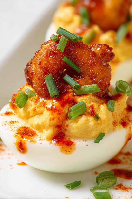 A dish of Cajun Firecracker Shrimp Deviled Eggs.