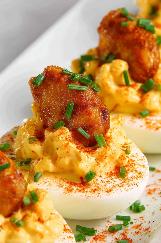 A plate of Cajun Firecracker Shrimp Deviled Eggs.