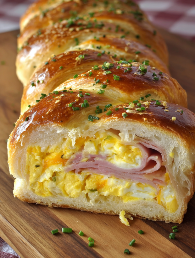 A breakfast roll with ham, egg and cheese.