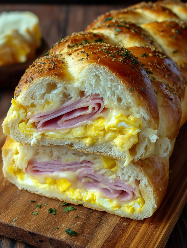 A breakfast sandwich with ham, eggs, and cheese.