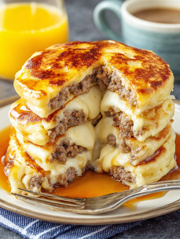A stack of sausage dipped pancakes.