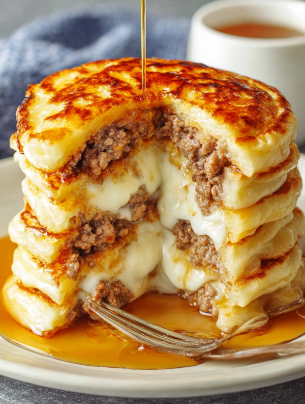 A stack of pancakes with sausage dipped in syrup.