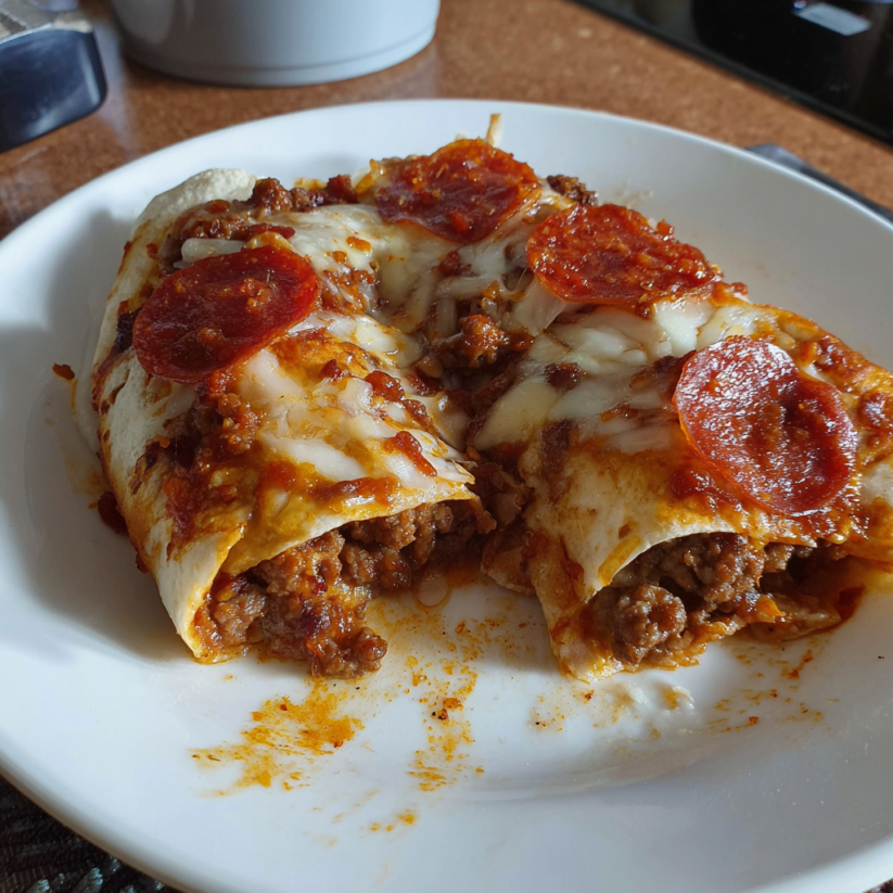 A plate of pizza enchiladas with cheese.
