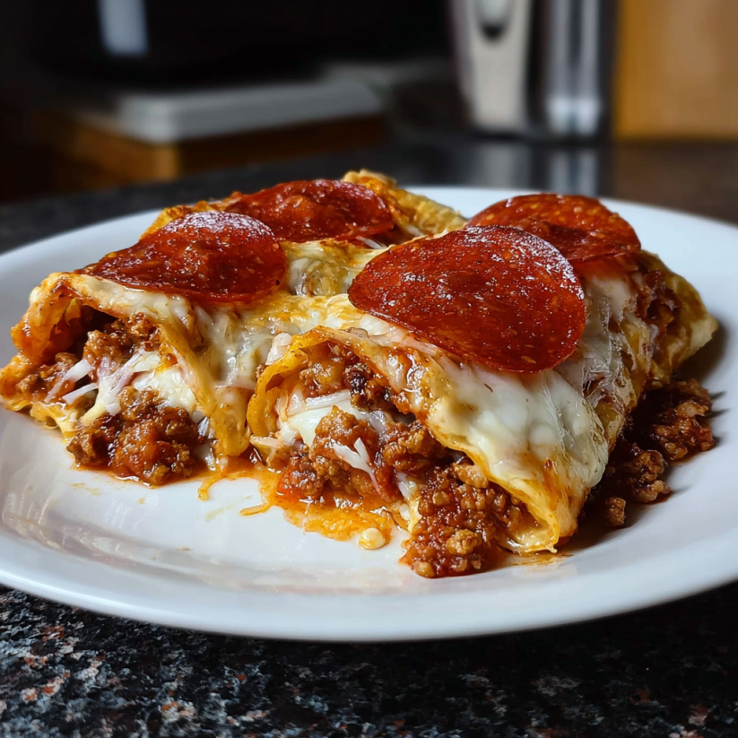 A plate of pizza enchiladas with cheese.