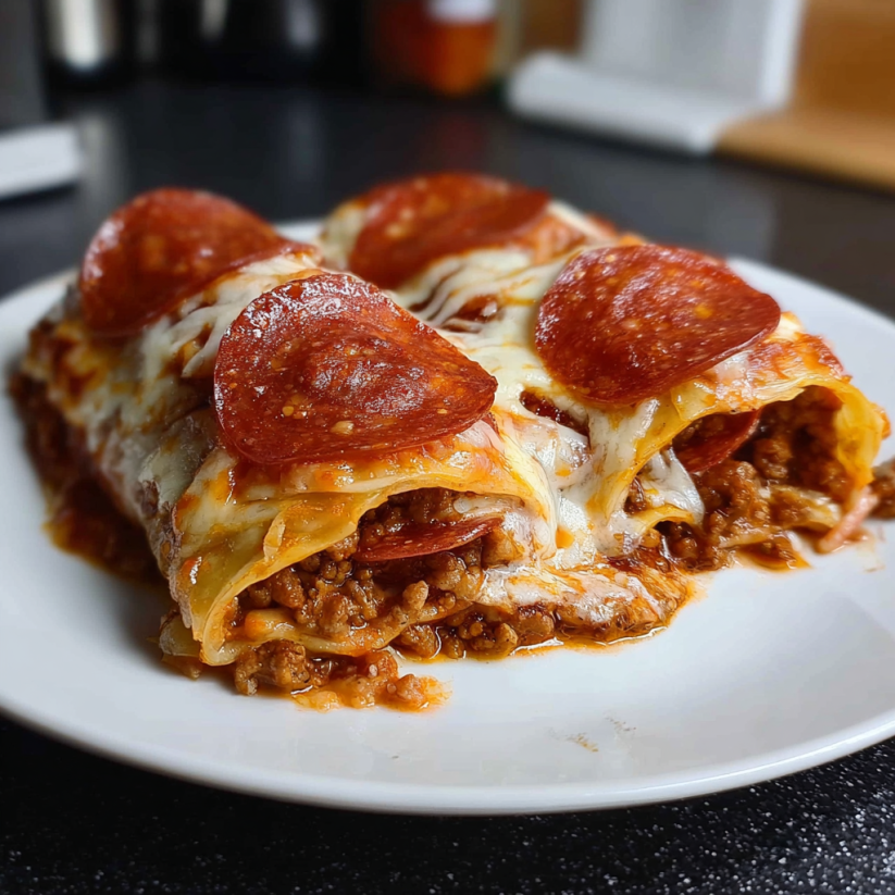A plate of pizza enchiladas with cheese.