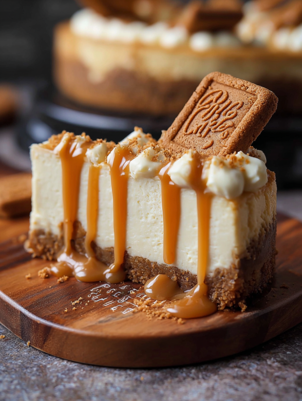 A slice of No-Bake Biscoff Cheesecake.