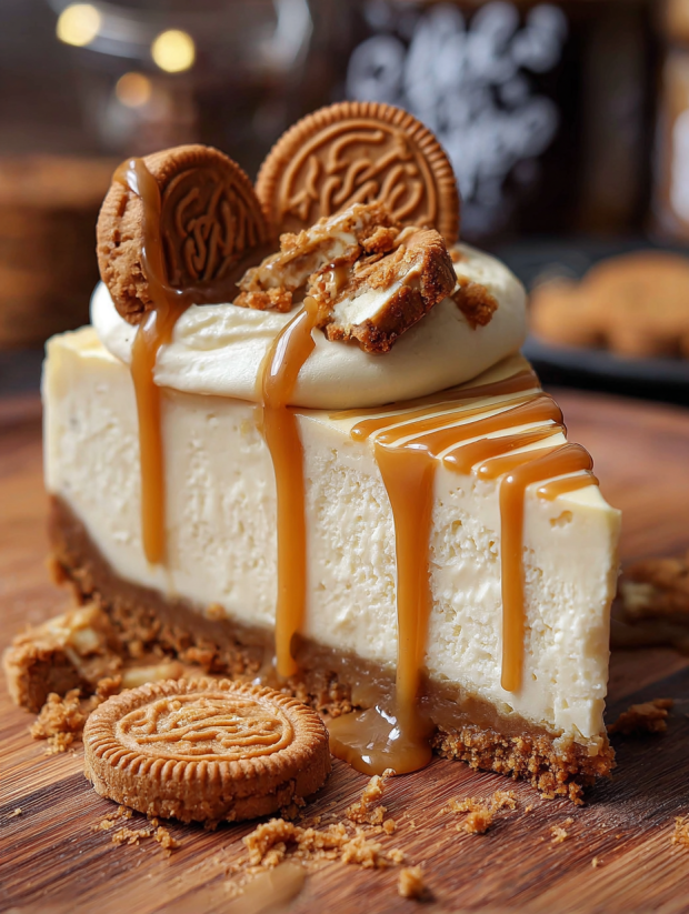 A slice of No-Bake Biscoff Cheesecake.