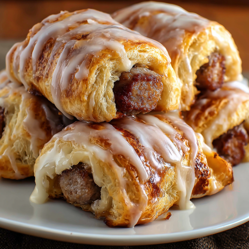 A plate of breakfast pigs in a blanket with cinnamon sausage.