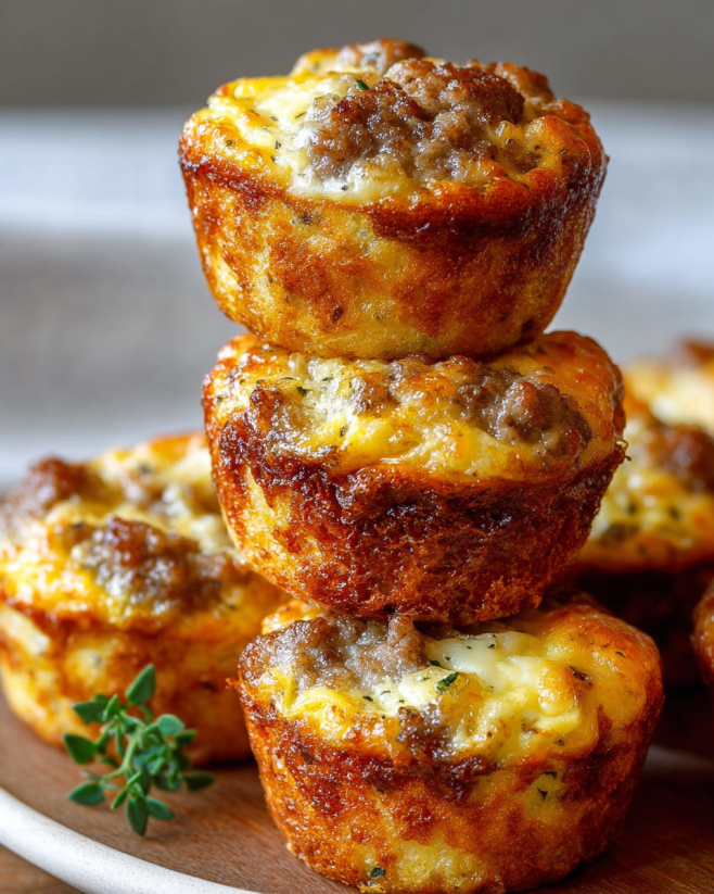 Sausage, egg, and cheese bisquick muffins stacked on top of each other.