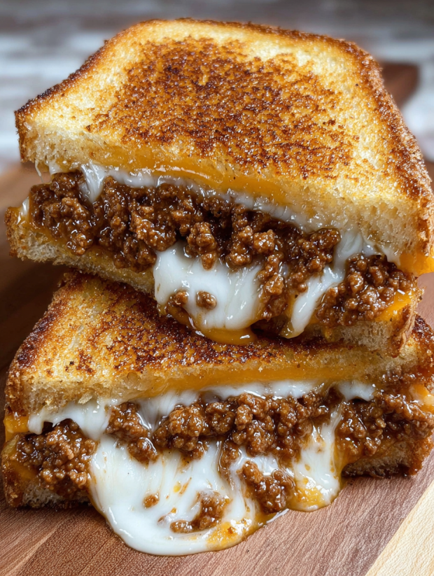 A grilled cheese sandwich with sloppy joe on top.