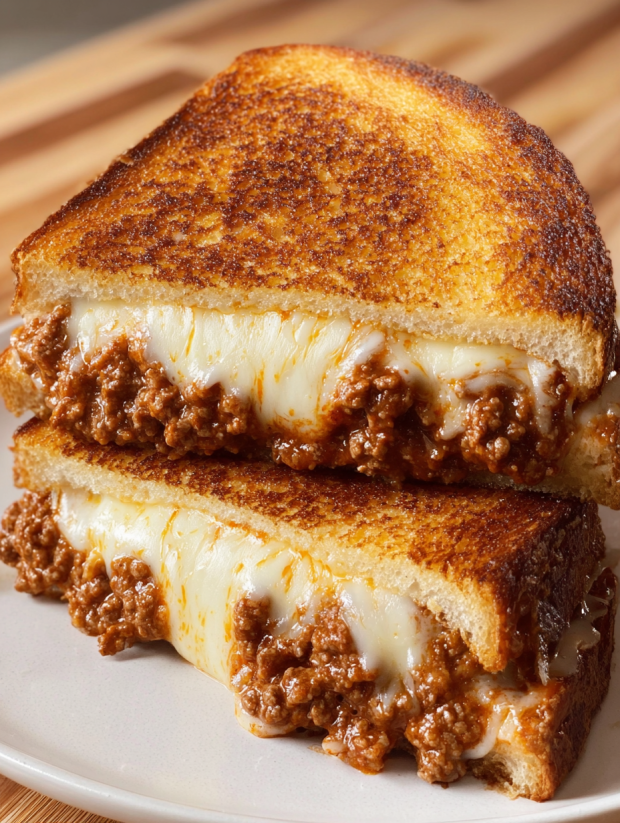 A grilled cheese sandwich with sloppy joe filling.