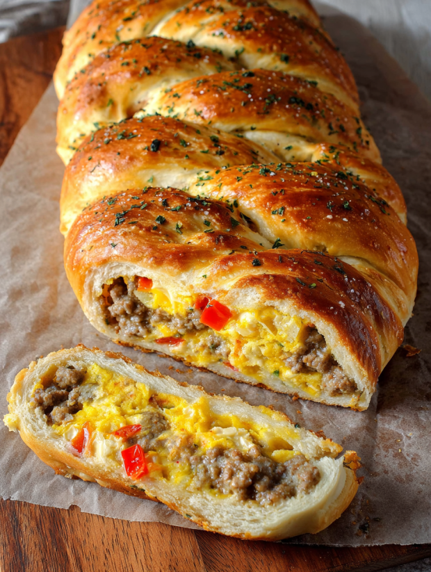 A breakfast braid with sausage and eggs.