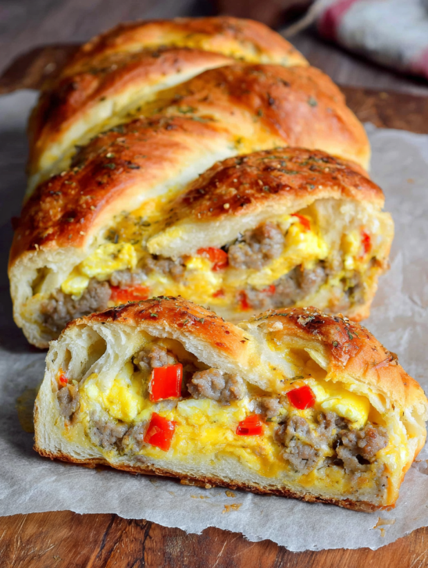 A breakfast braid with sausage and eggs.