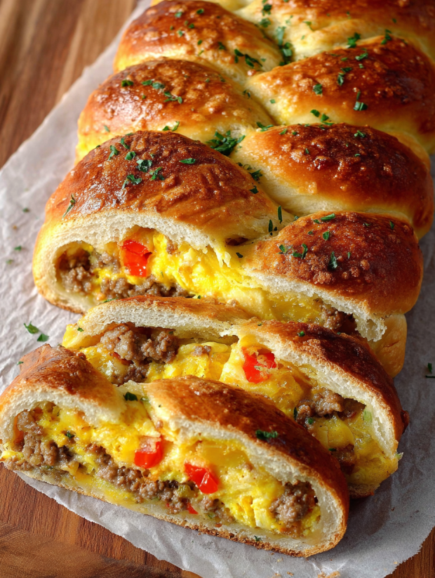 A breakfast braid with sausage and eggs.