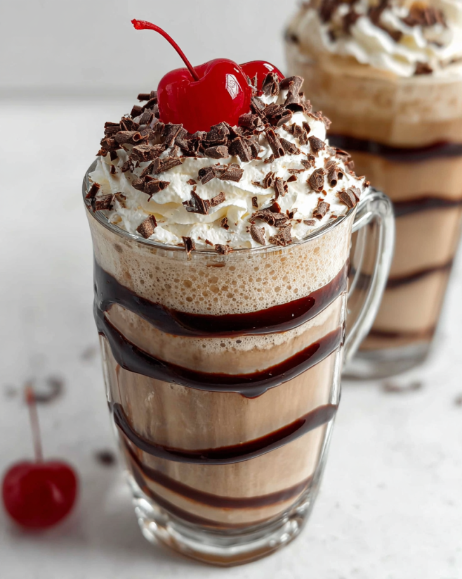 A glass of frozen mudslide with chocolate and cherries.