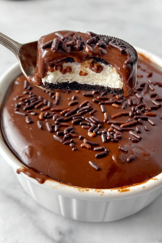 A spoon is in a bowl of chocolate cake.