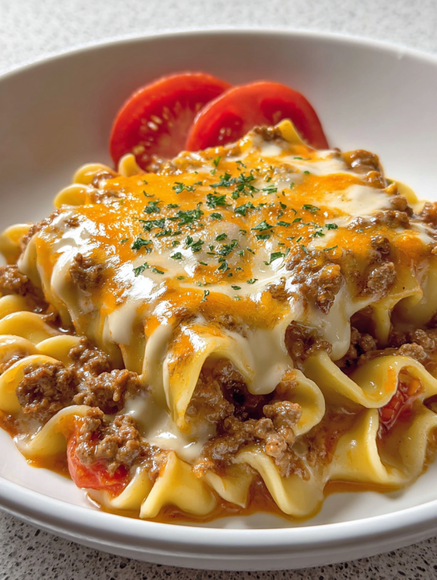 A plate of food with a cheesy taco mac.