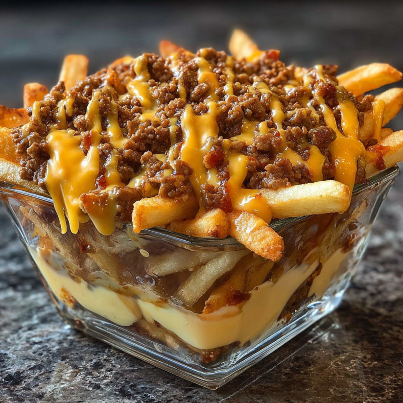 A cheeseburger french fry casserole in a glass bowl.