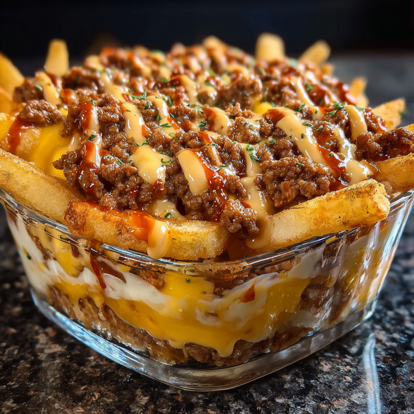 A cheeseburger french fry casserole in a glass bowl.