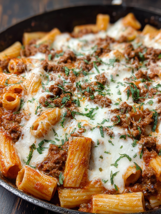 A dish of cheesy beef rigatoni.