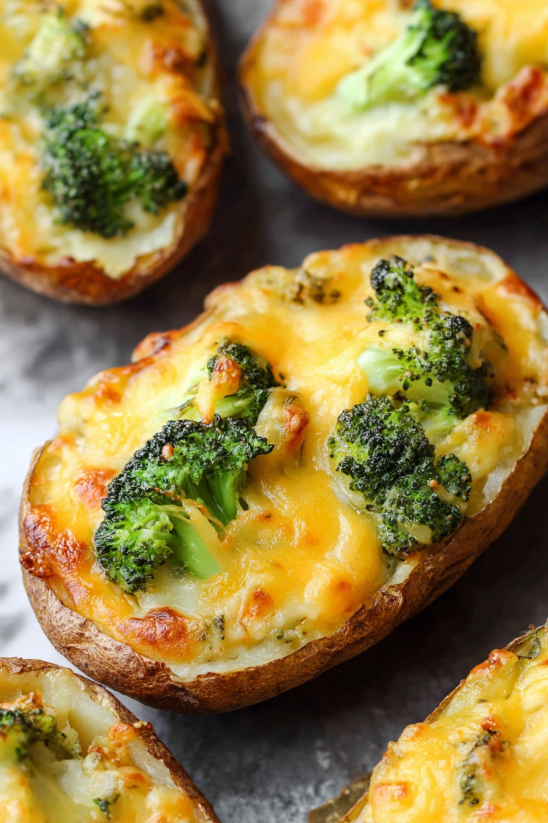 Twice baked potatoes with broccoli and cheese.