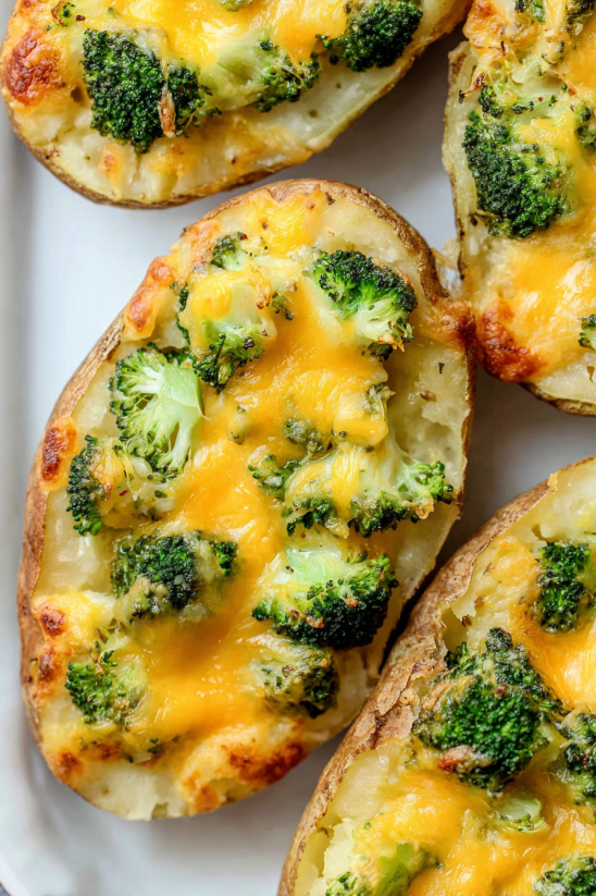 A close up of a baked potato with broccoli on top.