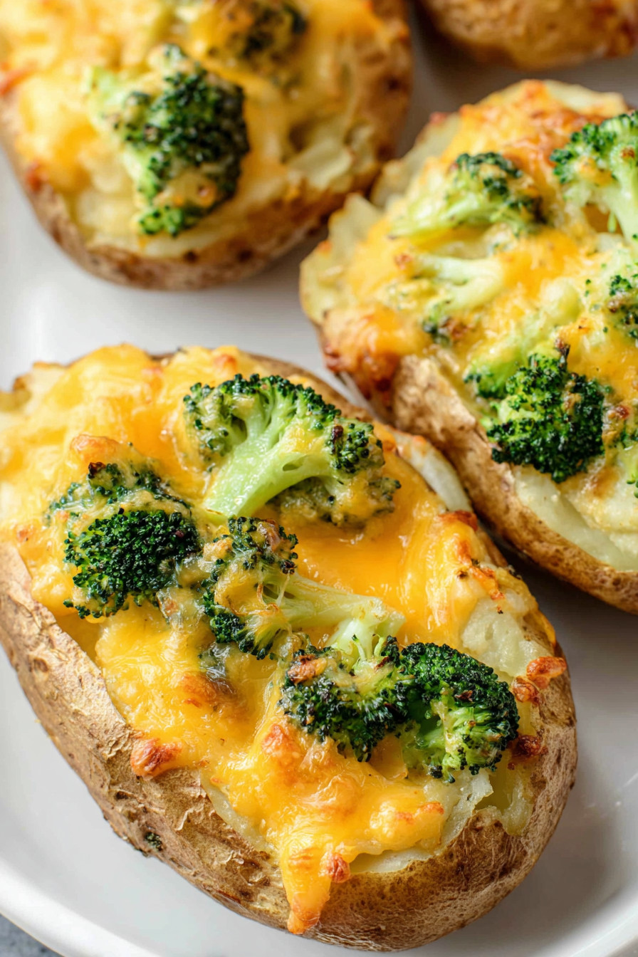 A plate of twice baked potatoes with broccoli on top.