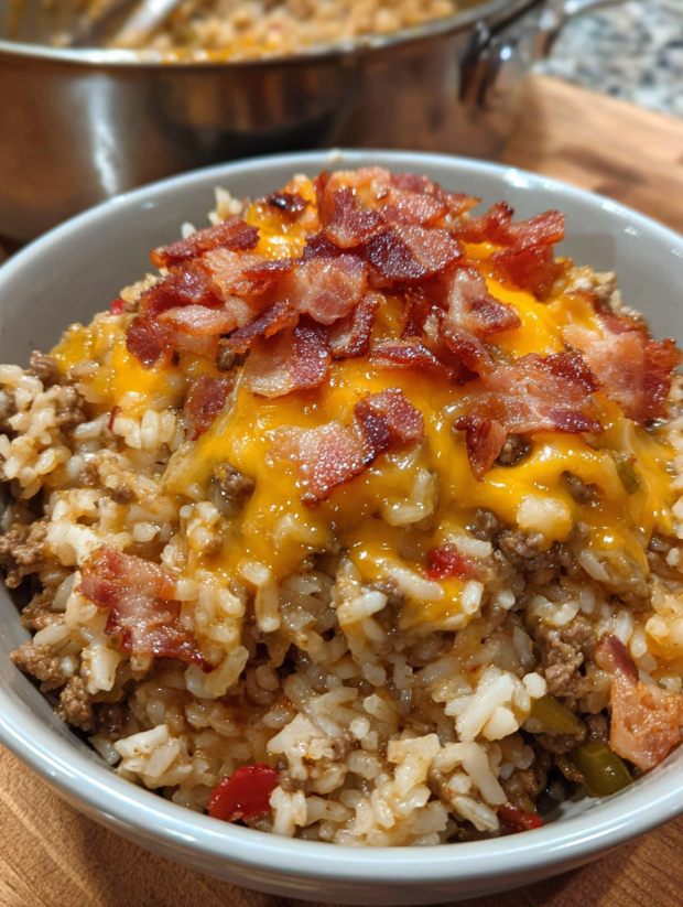A bowl of bacon cheeseburger rice.