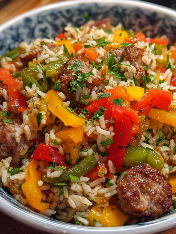 A bowl of rice with peppers and sausage.