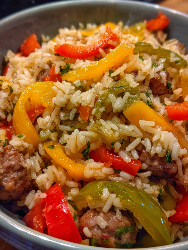 A bowl of rice with peppers and sausage.