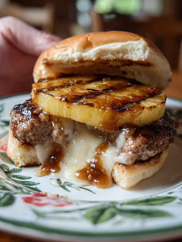 A burger with pineapple on top.