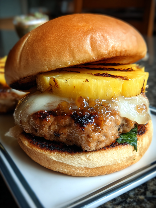 A burger with pineapple and cheese.
