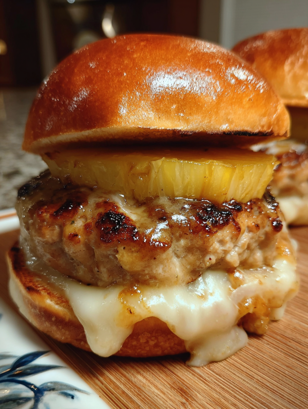 A burger with pineapple on top.